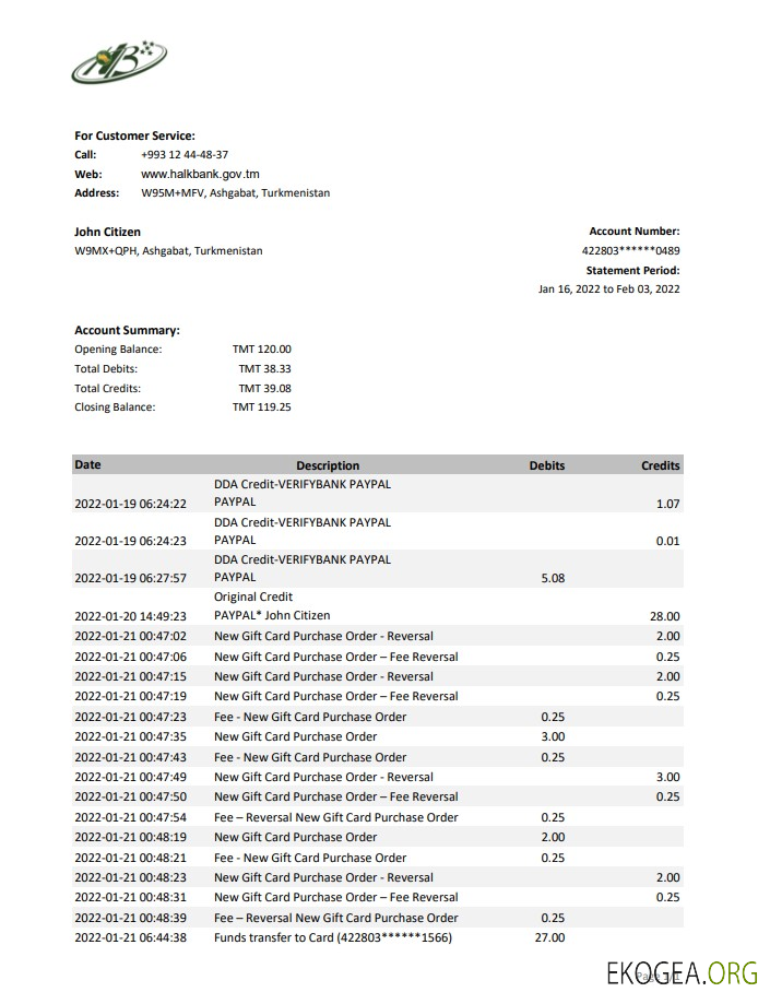 Relevé bancaire Turkménistan HalkBank, modèle Excel et PDF
